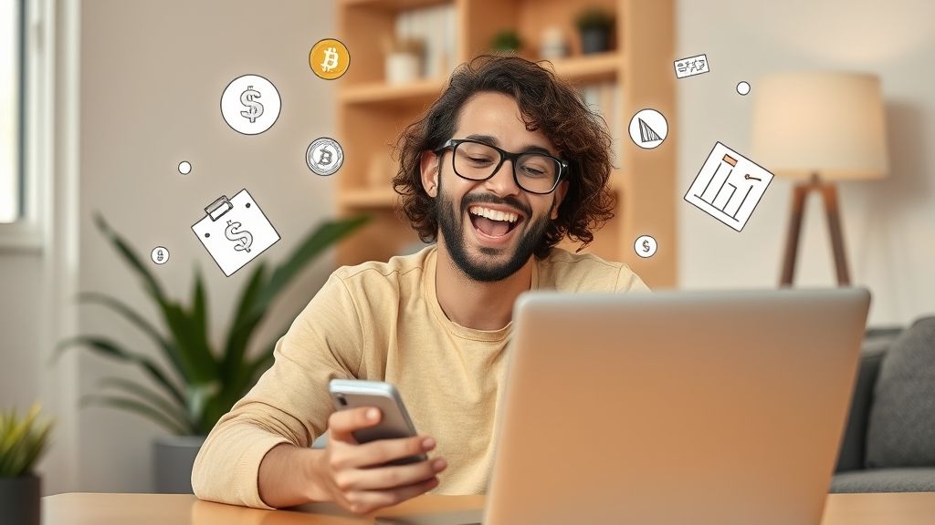 Happy user celebrating savings after using GoMyFinance.com Saving Money.